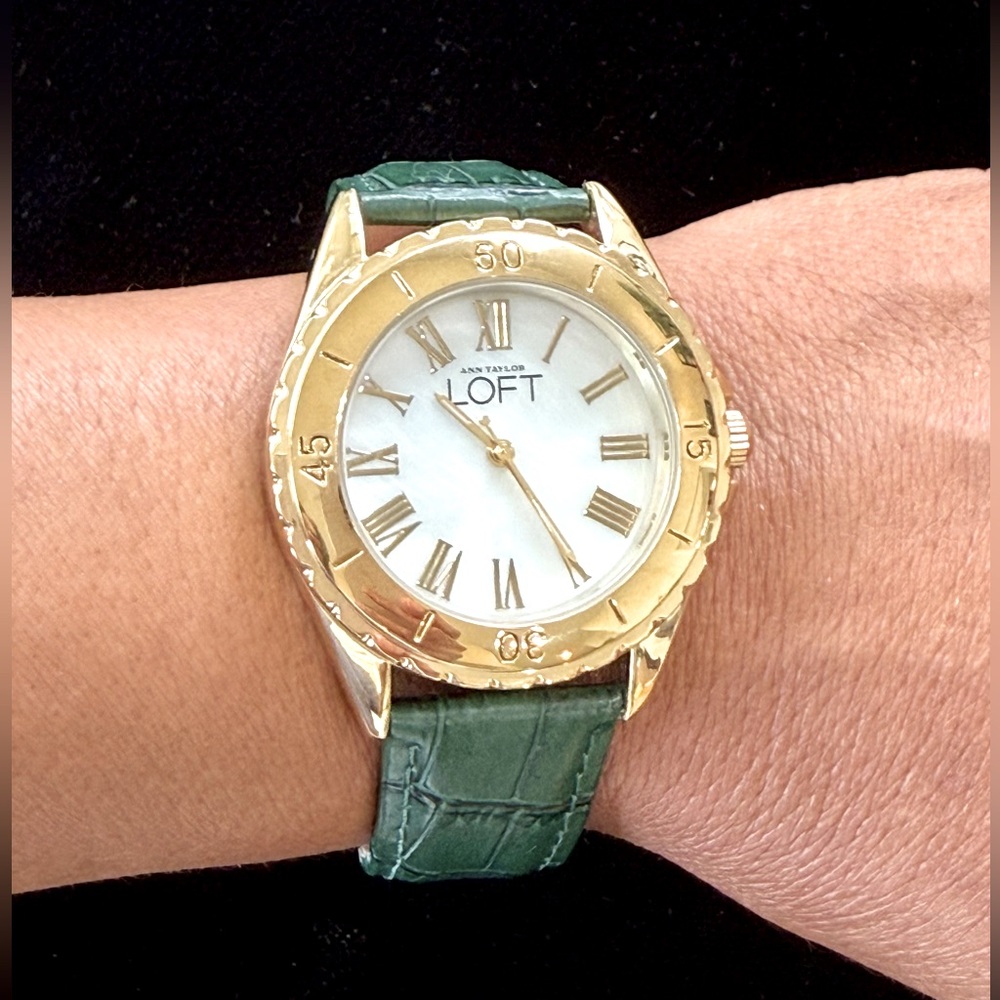 LOFT Gold Tone Green Croc Leather Band Watch Mother Of Pearl Face NWOT